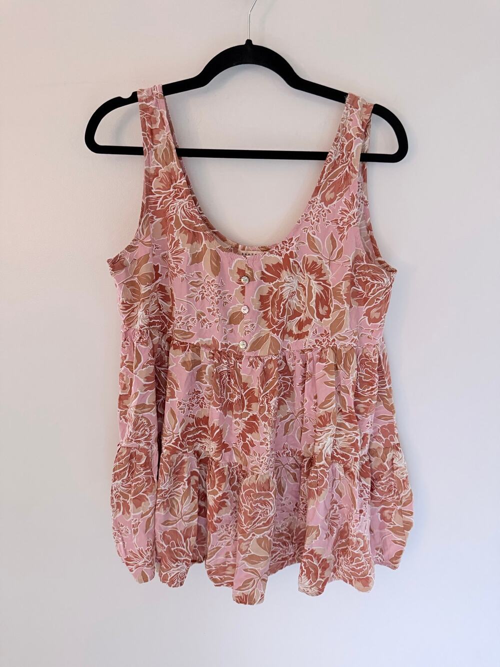 BaeVely Pink Floral Romantic Flowy Tiered Babydoll Tank Top-Size L